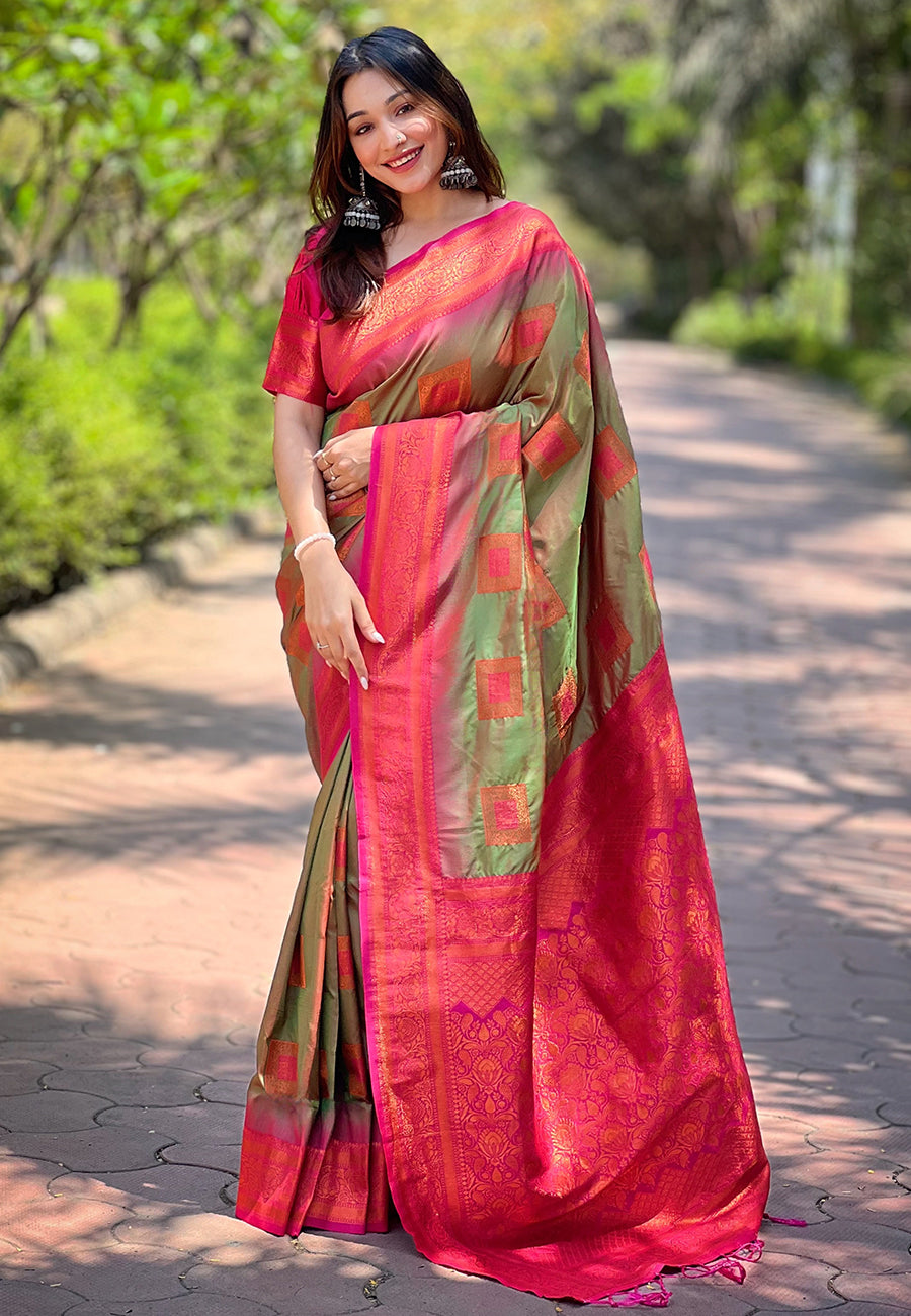 Mehendi green soft silk contrast zari woven saree