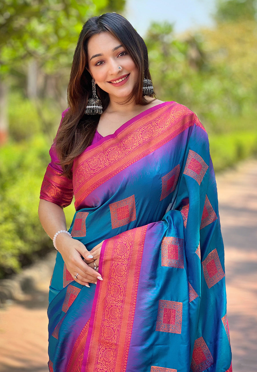 Blue soft silk contrast zari woven saree
