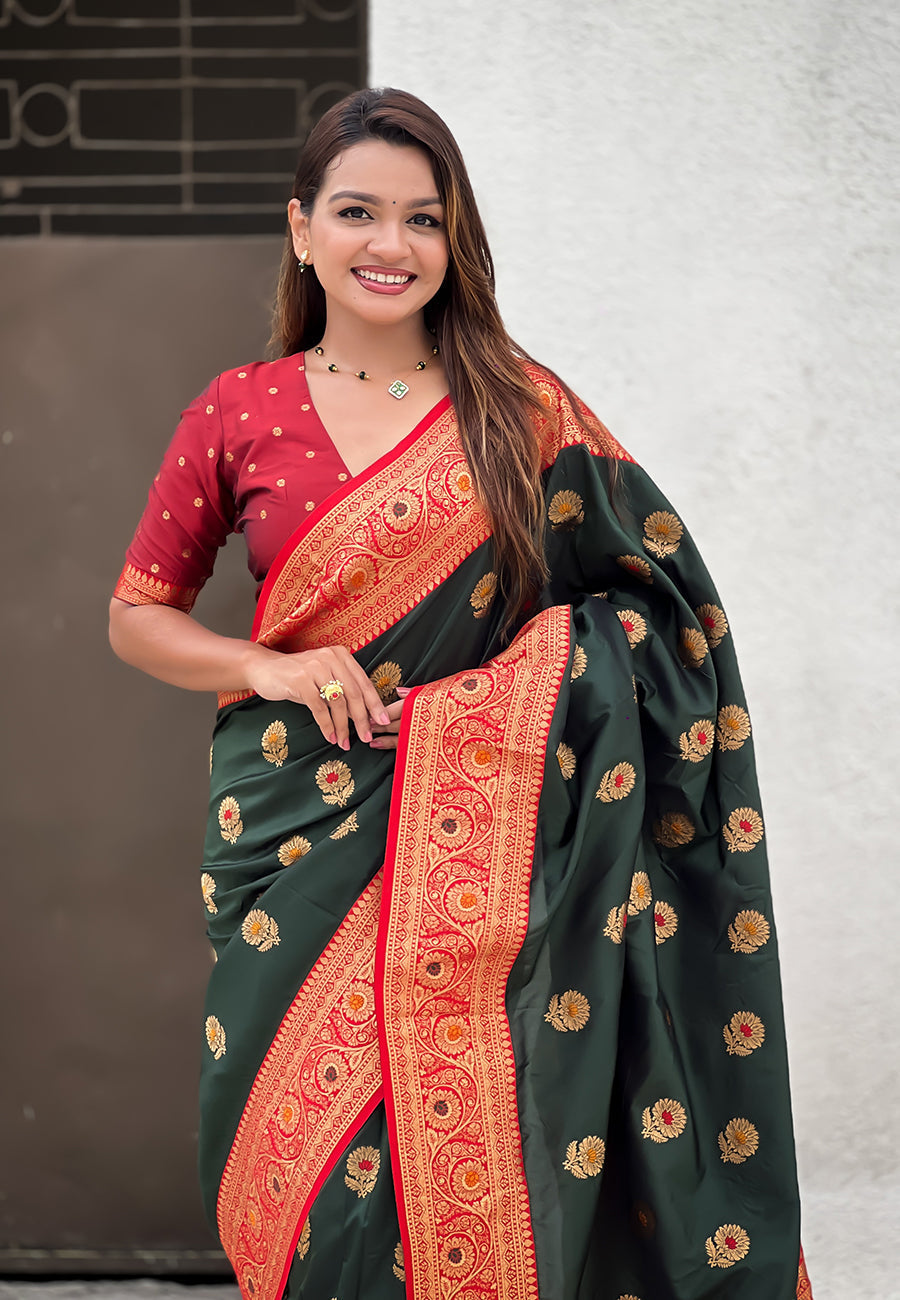 Bottle green soft silk saree with sunflower butta meenakari zari woven saree