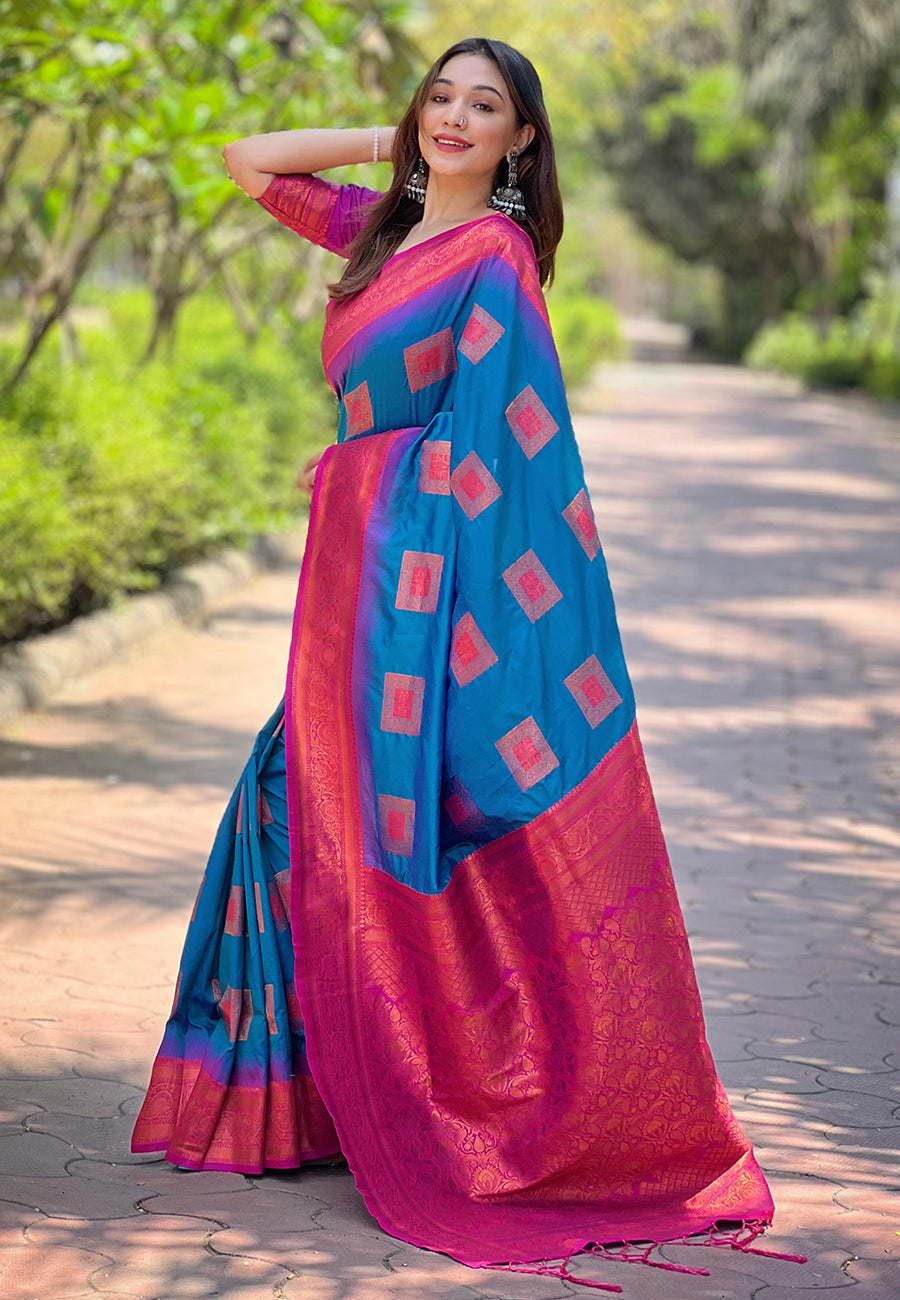 Blue soft silk contrast zari woven saree