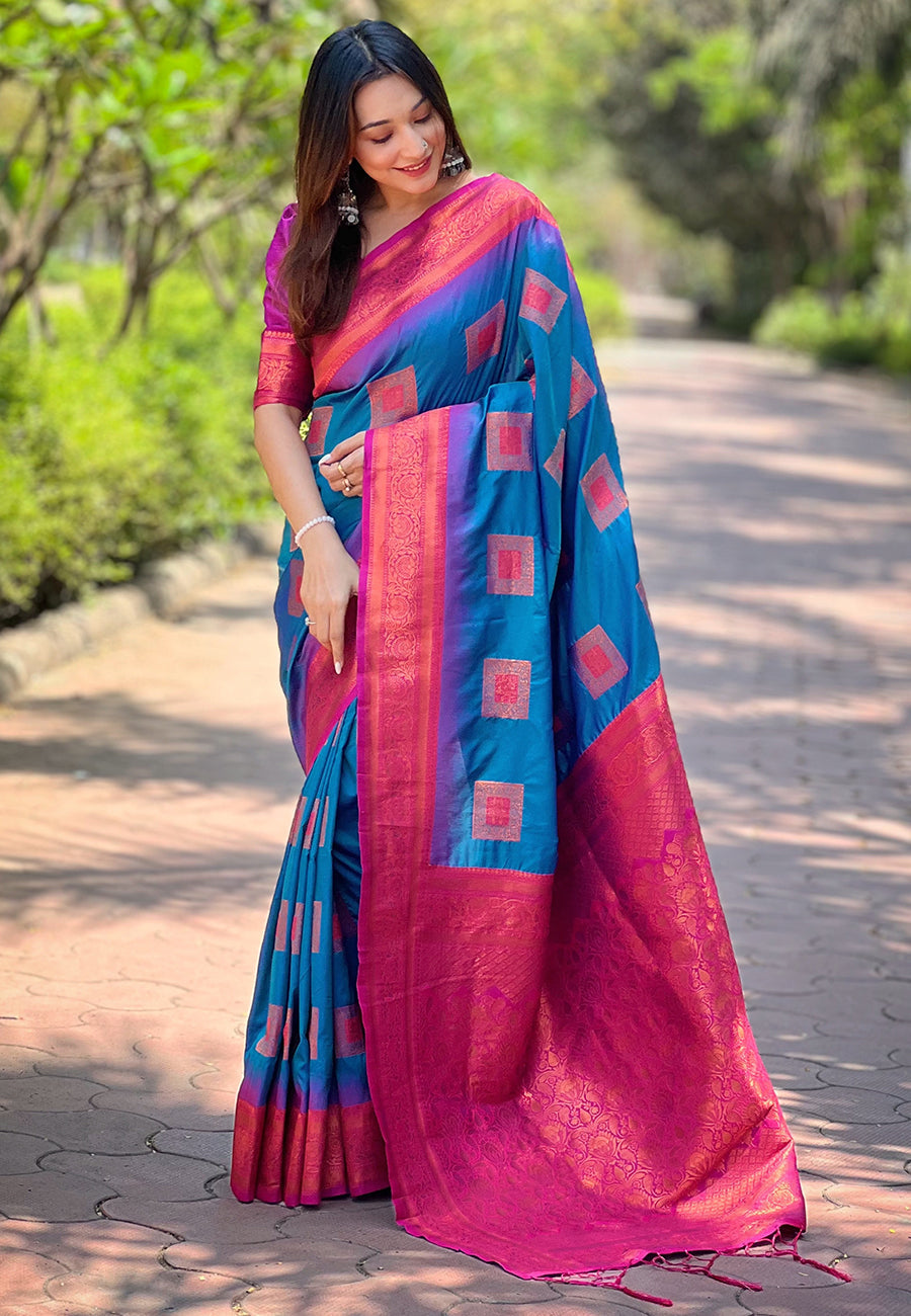 Blue soft silk contrast zari woven saree