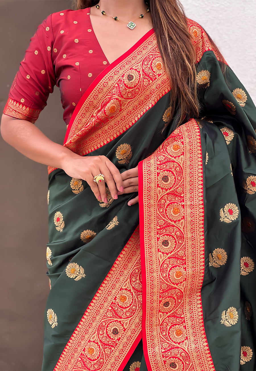 Bottle green soft silk saree with sunflower butta meenakari zari woven saree