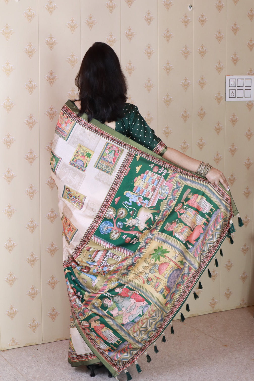 Green tussar silk bold kalamkari figure printed saree with zari woven border