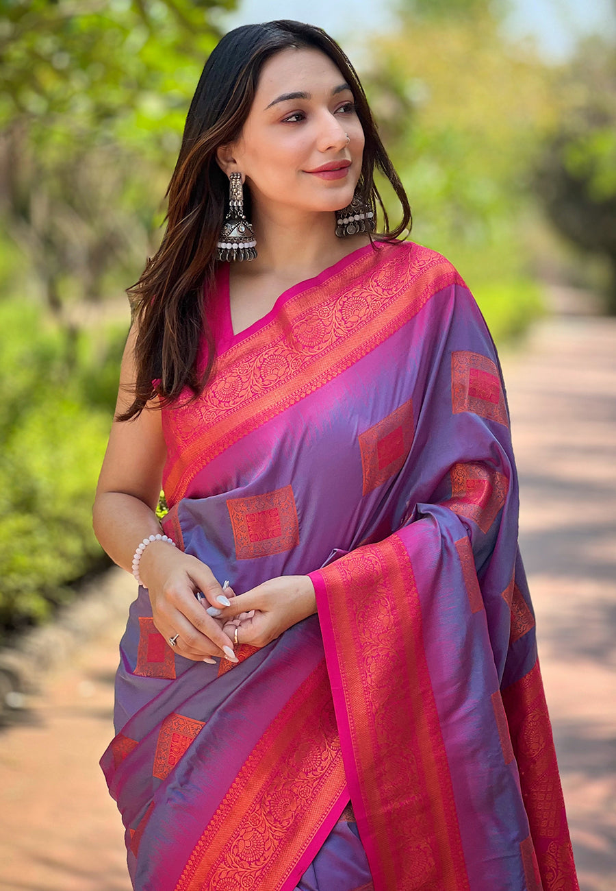 Lavender soft silk contrast zari woven saree