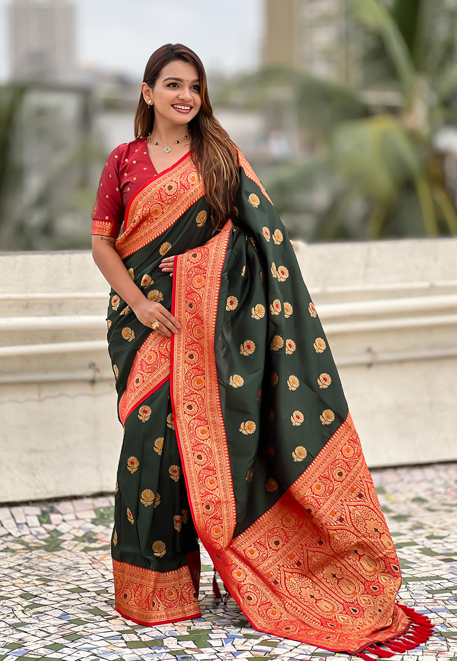 Bottle green soft silk saree with sunflower butta meenakari zari woven saree