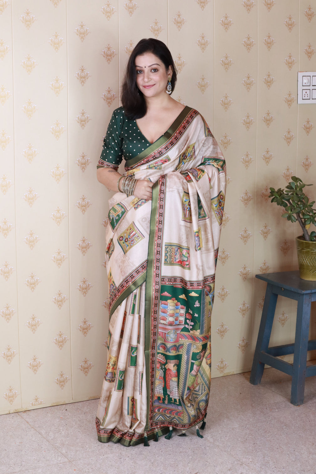 Green tussar silk bold kalamkari figure printed saree with zari woven border