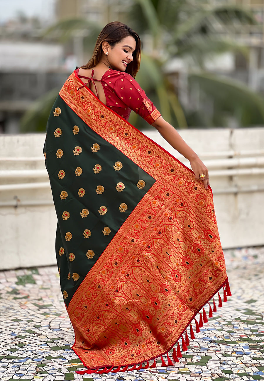 Bottle green soft silk saree with sunflower butta meenakari zari woven saree