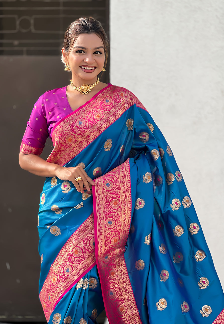 Blue soft silk saree with sunflower butta meenakari zari woven saree