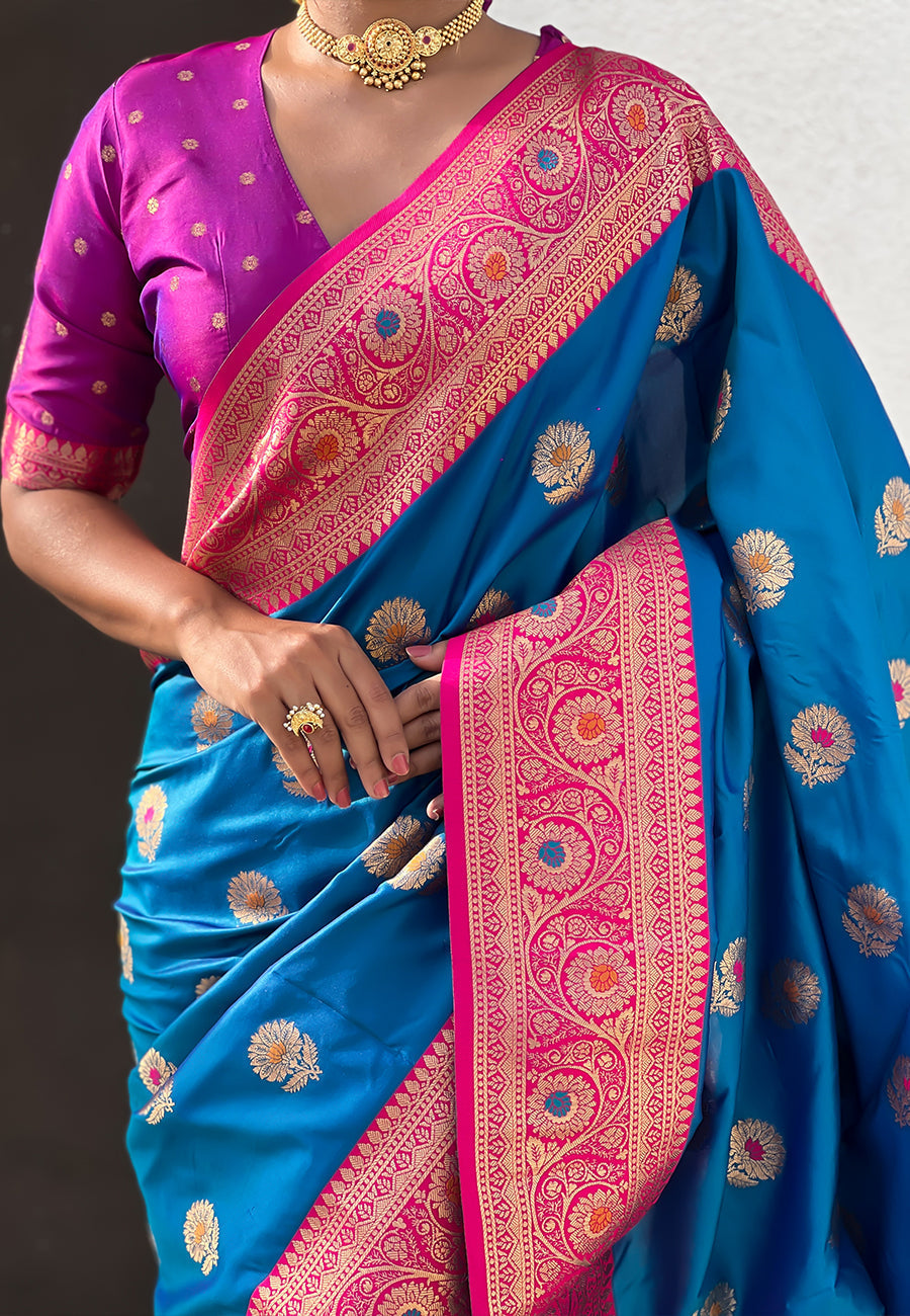 Blue soft silk saree with sunflower butta meenakari zari woven saree