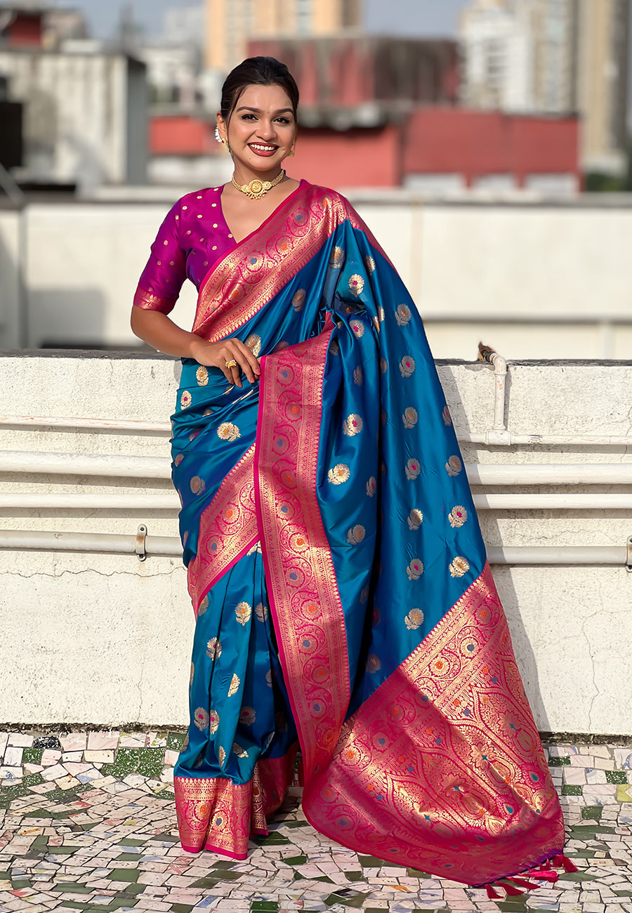 Blue soft silk saree with sunflower butta meenakari zari woven saree