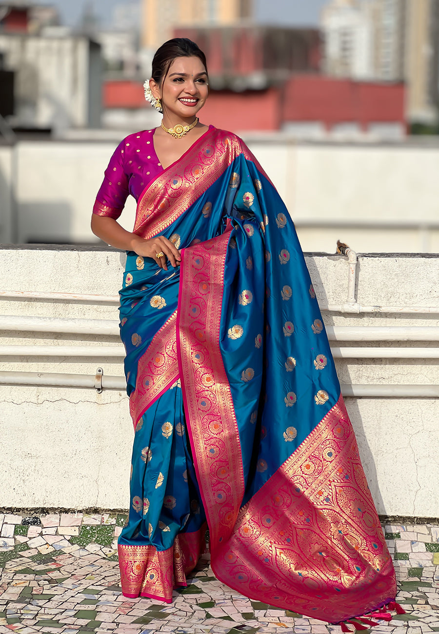 Blue soft silk saree with sunflower butta meenakari zari woven saree