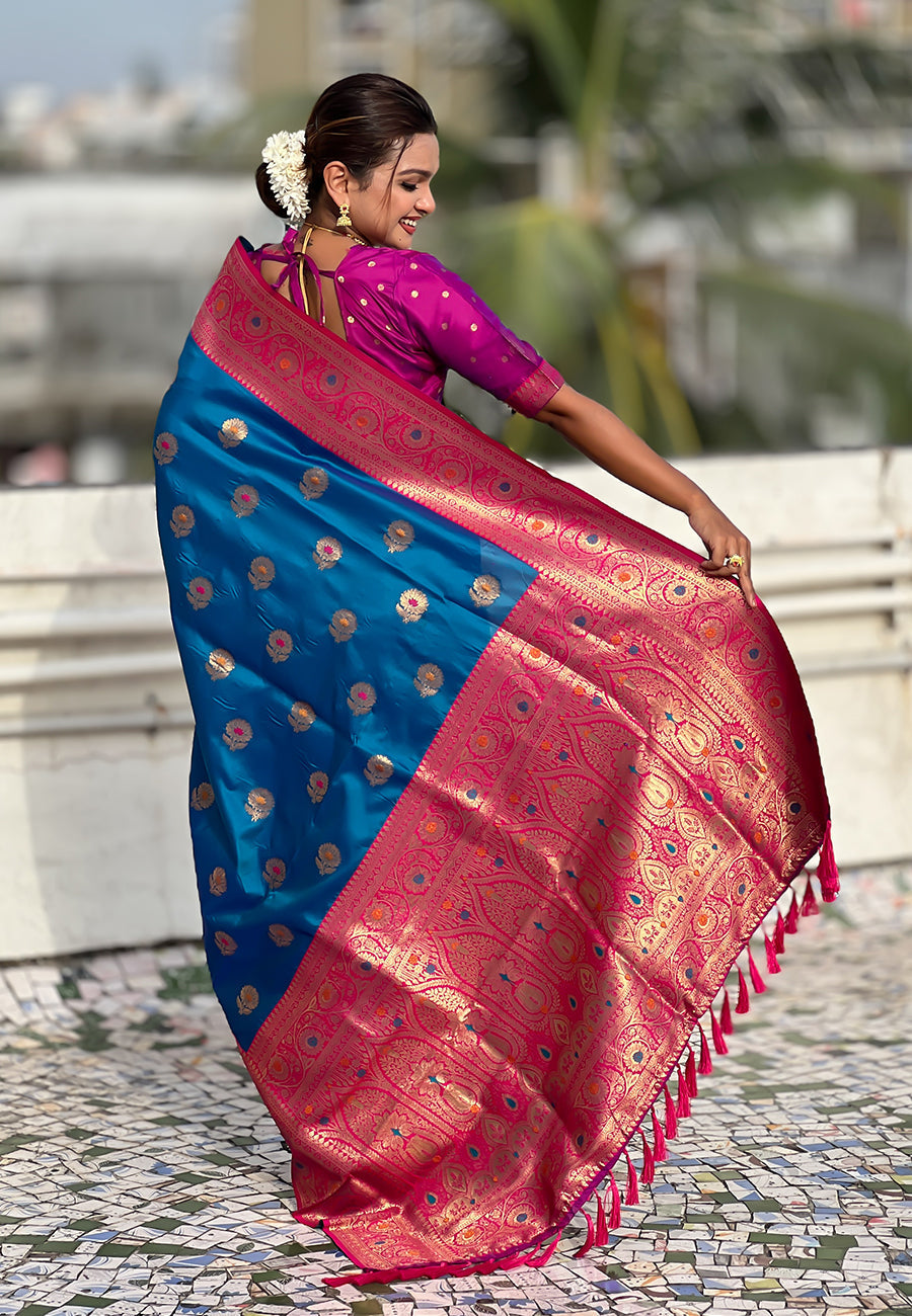 Blue soft silk saree with sunflower butta meenakari zari woven saree