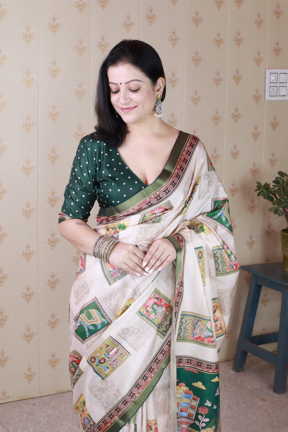 Green tussar silk bold kalamkari figure printed saree with zari woven border