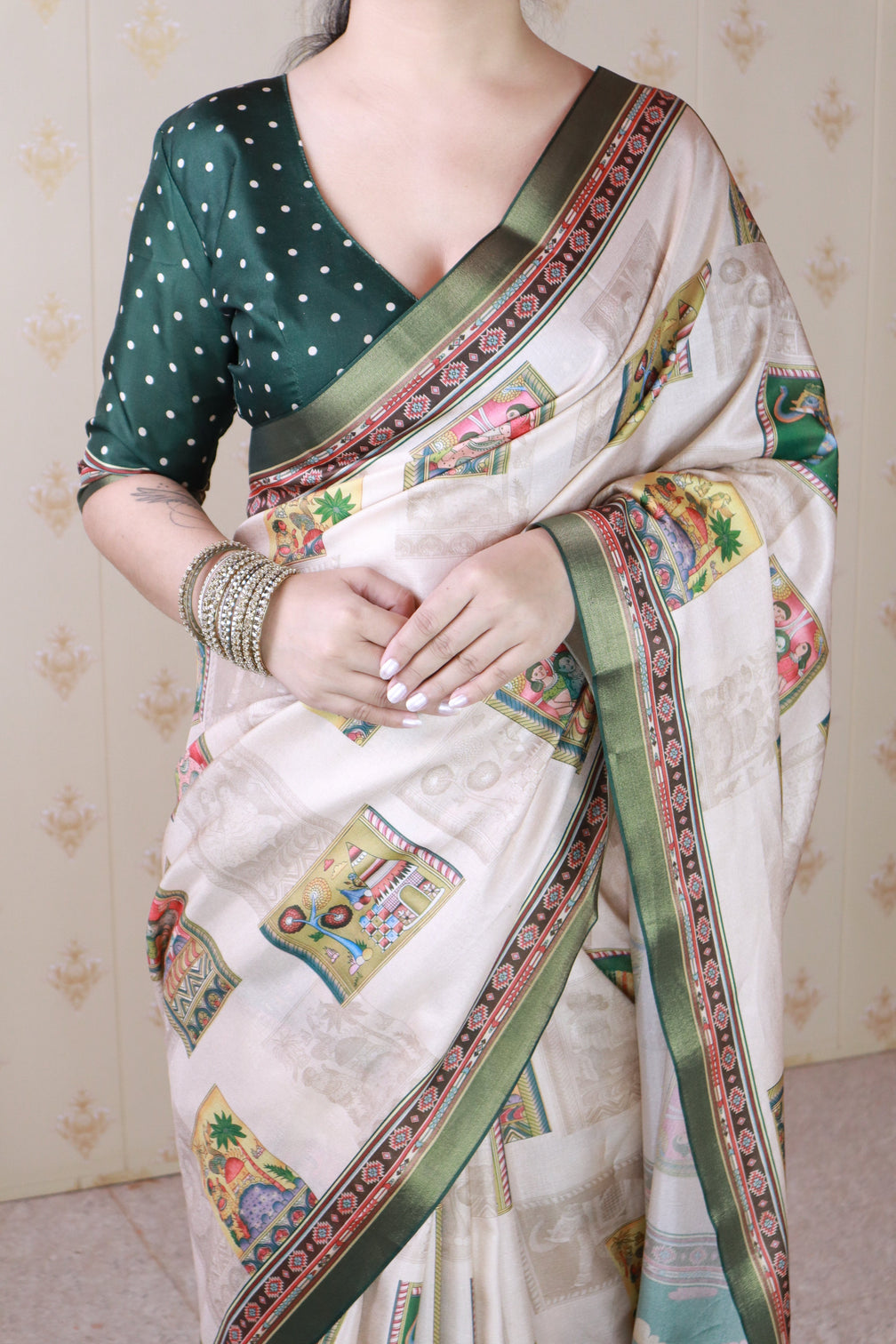 Green tussar silk bold kalamkari figure printed saree with zari woven border
