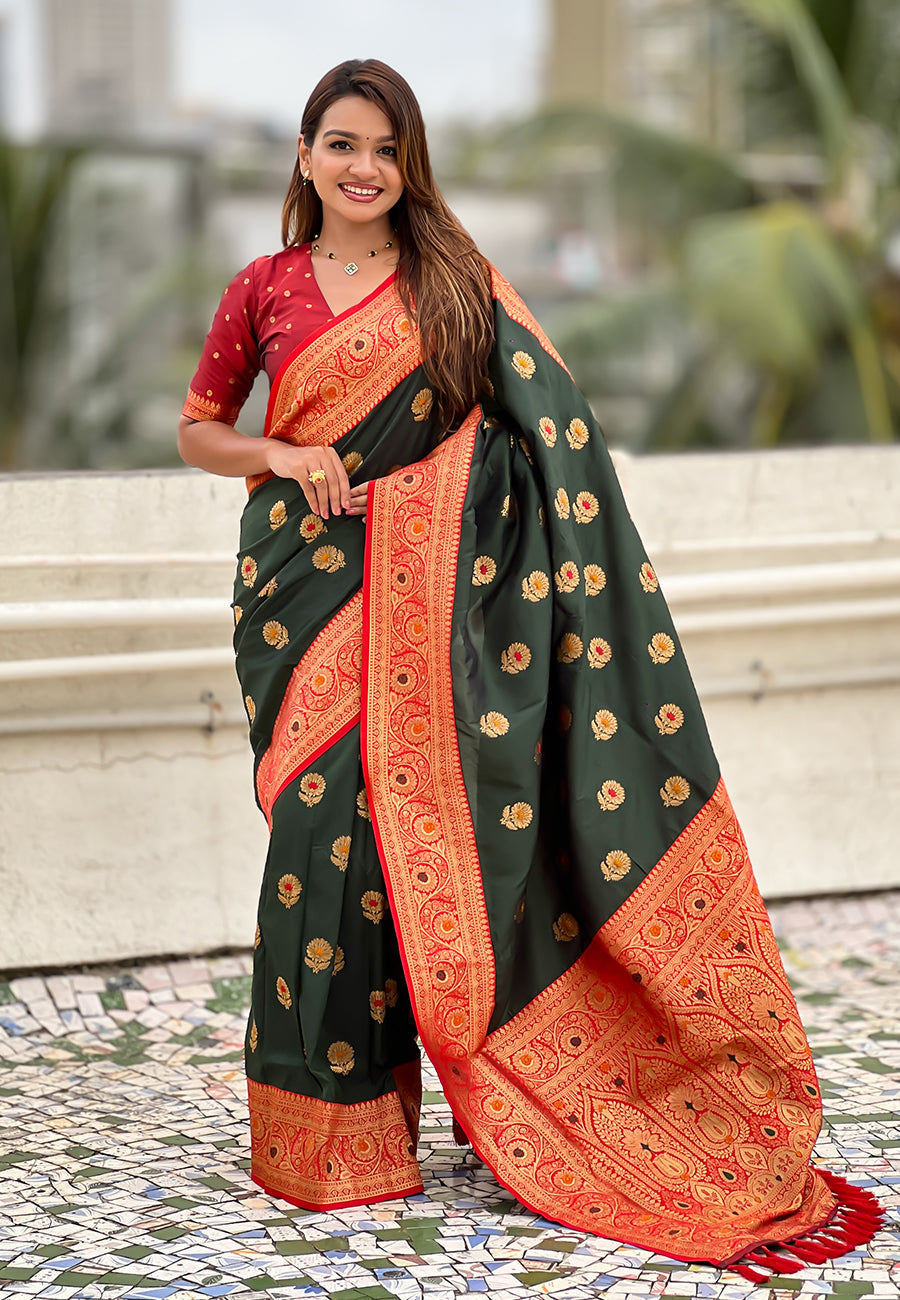 Bottle green soft silk saree with sunflower butta meenakari zari woven saree