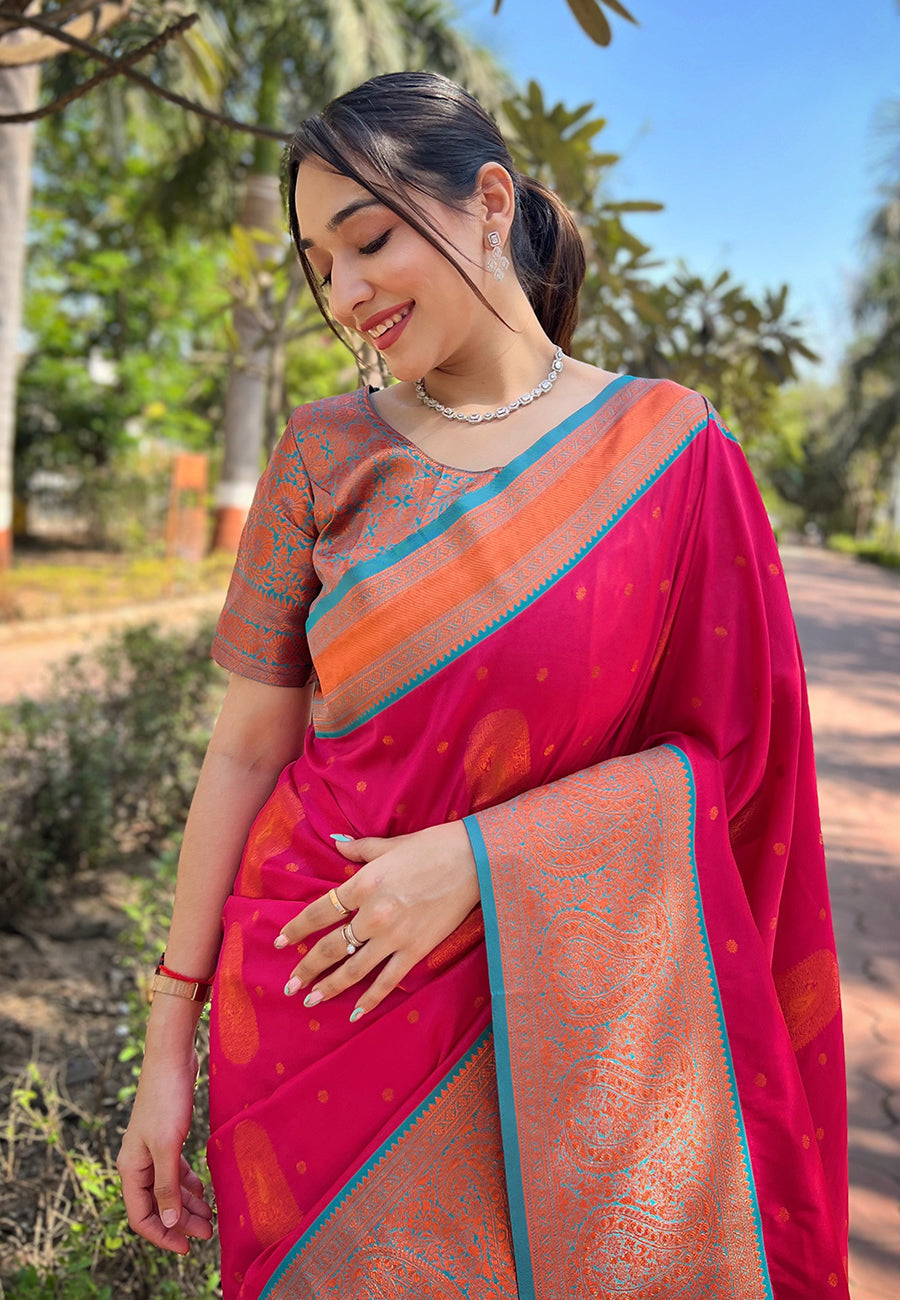 Hot pink soft silk contrast gold zari woven saree