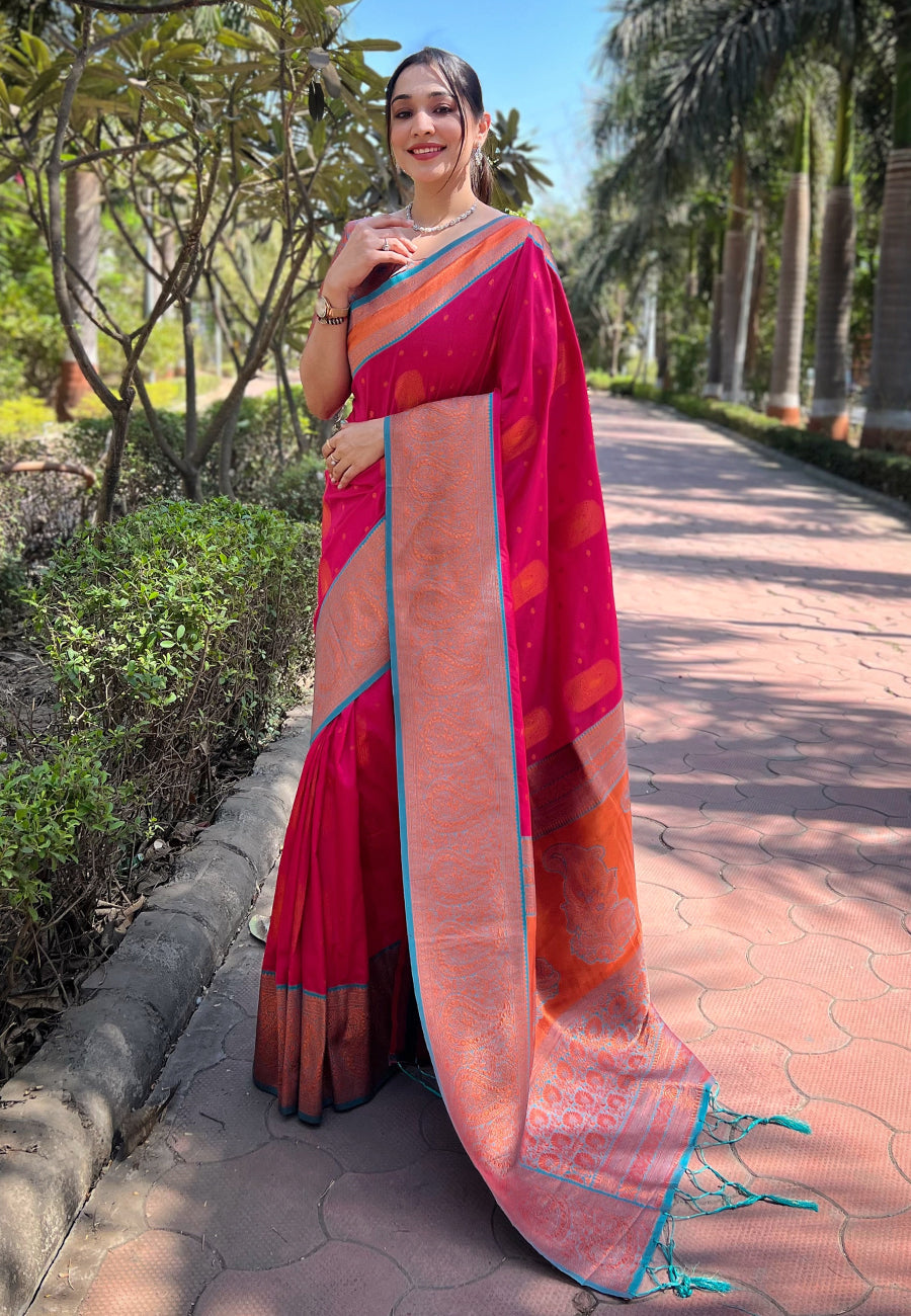 Hot pink soft silk contrast gold zari woven saree