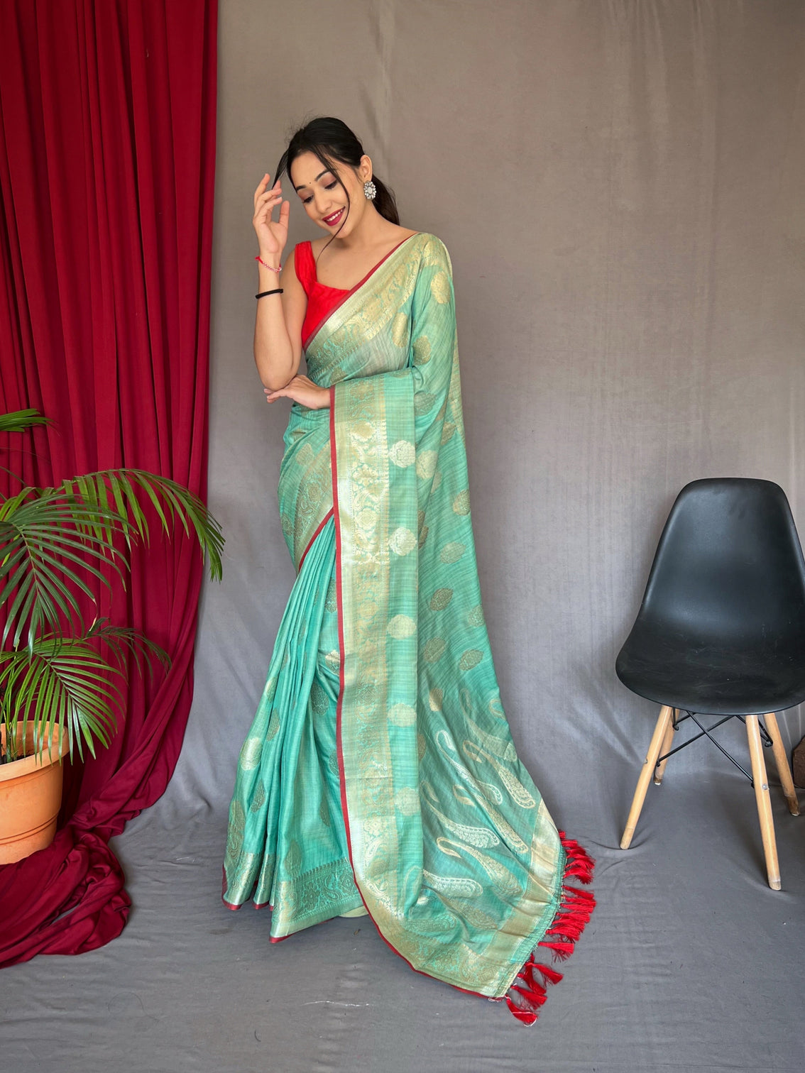 Sea Green Saree in Cotton Silk