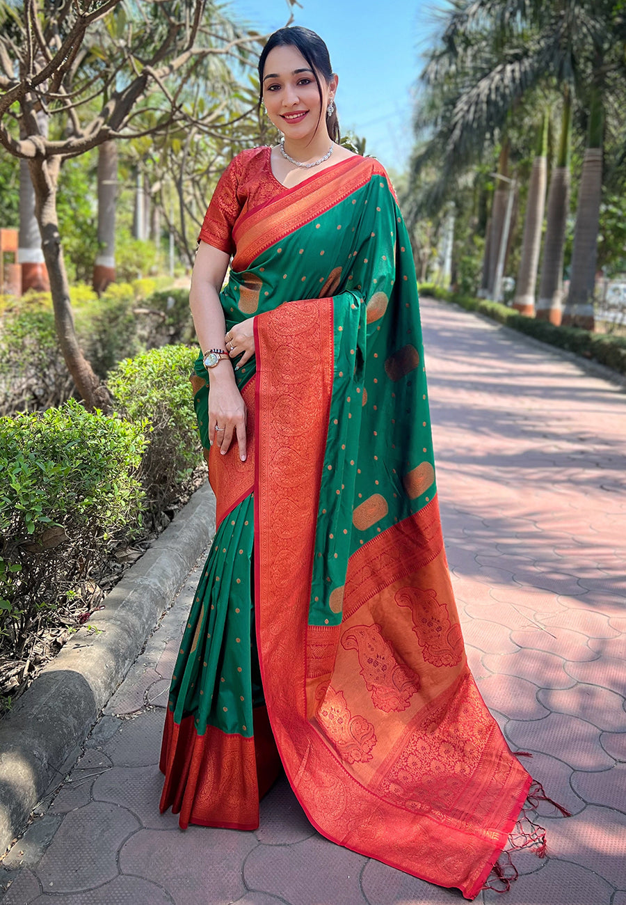 Green soft silk contrast gold zari woven saree