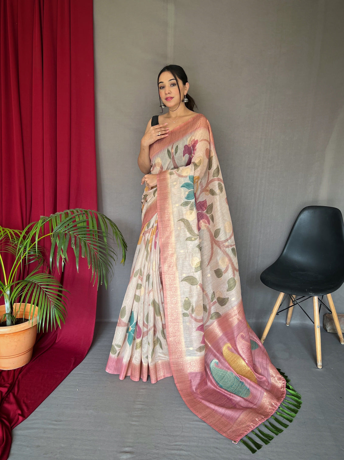 Pink Saree In Pure Chanderi Banarasi Silk