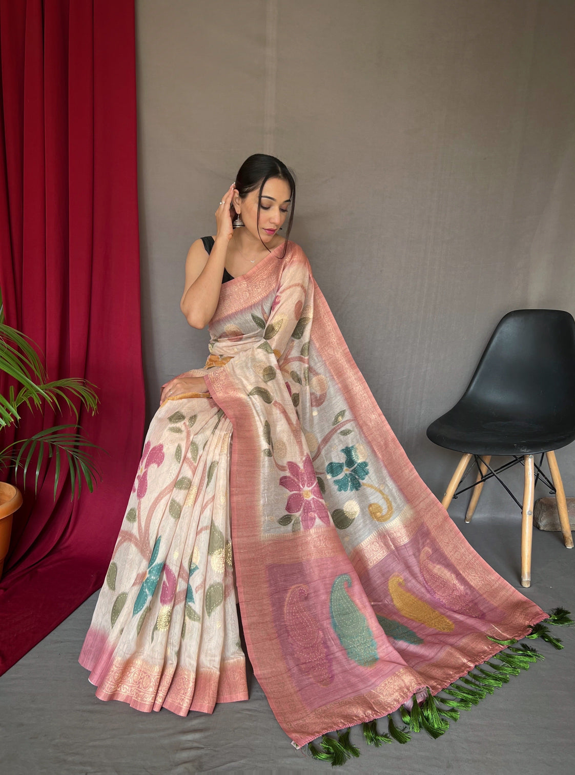 Pink Saree In Pure Chanderi Banarasi Silk