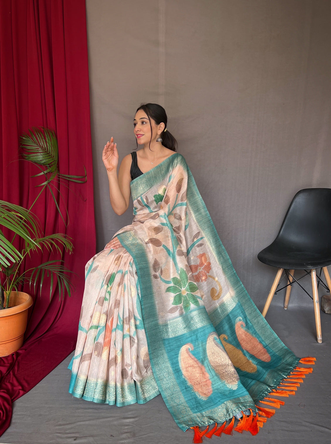 Powder Blue Saree in Pure Chanderi Banarasi Silk