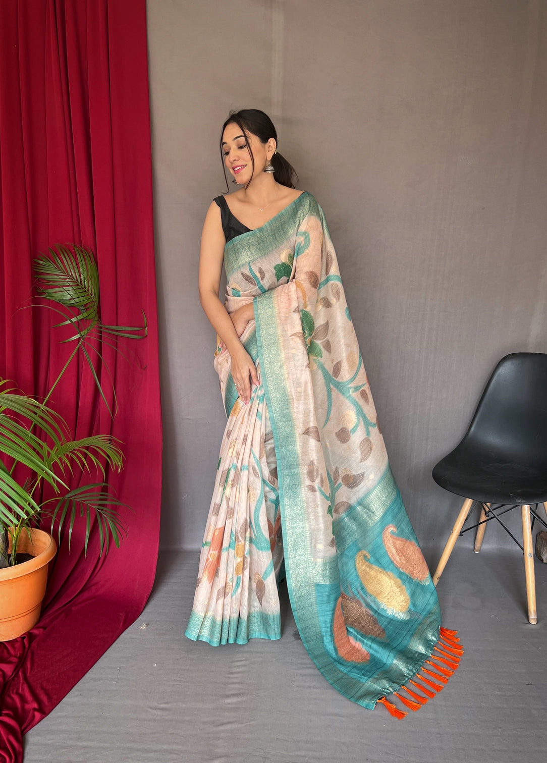 Powder Blue Saree in Pure Chanderi Banarasi Silk