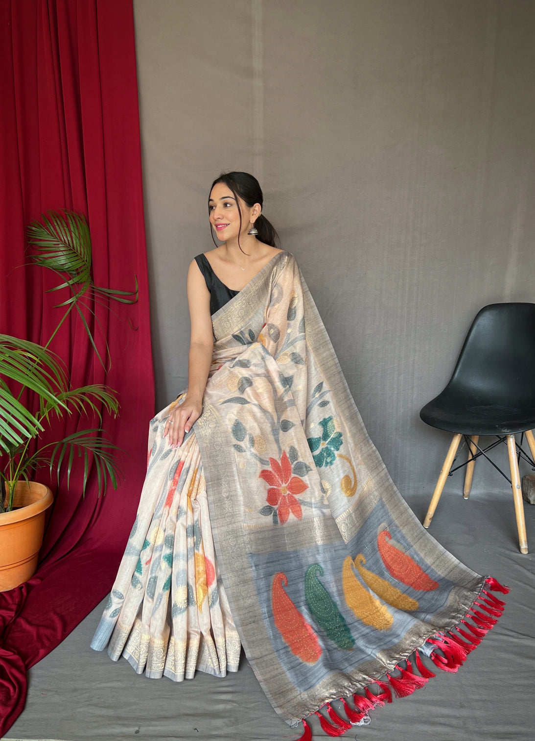 Silver Grey Saree in Pure Chanderi Banarasi Silk