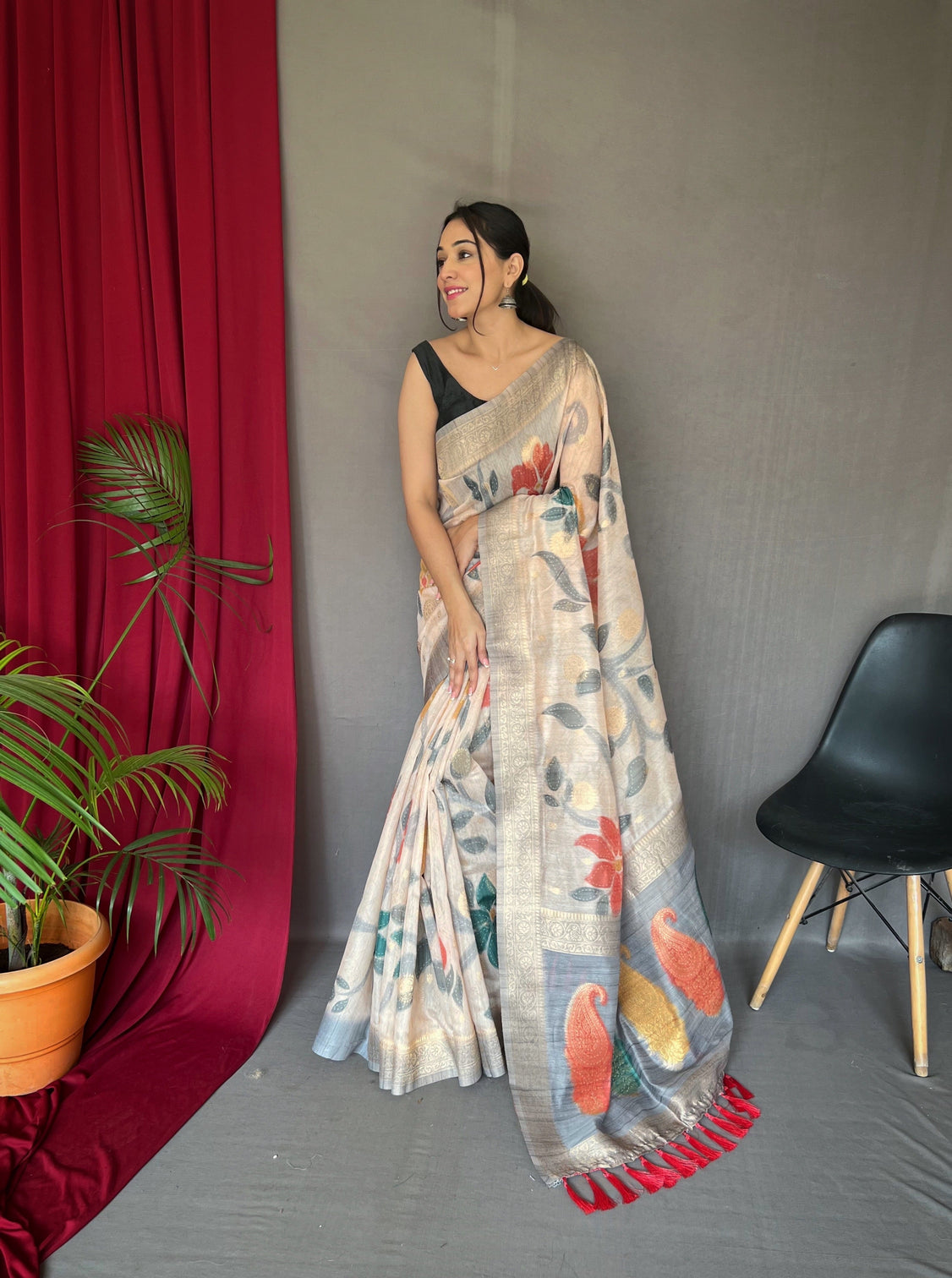 Silver Grey Saree in Pure Chanderi Banarasi Silk