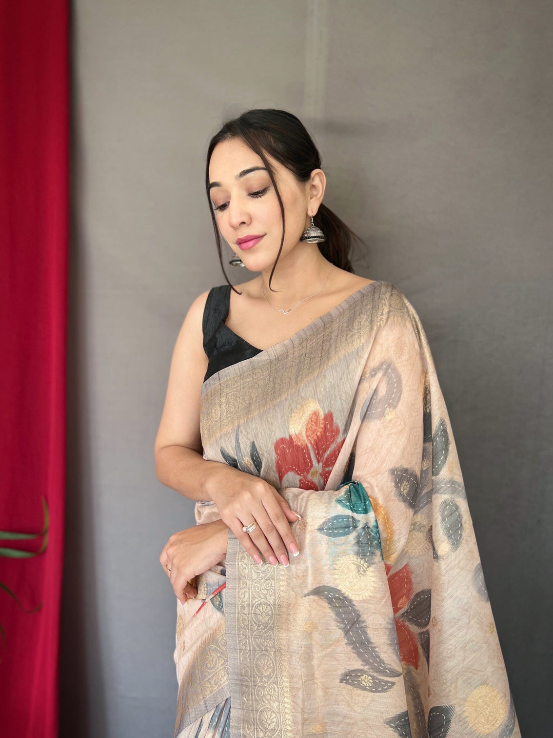 Silver Grey Saree in Pure Chanderi Banarasi Silk