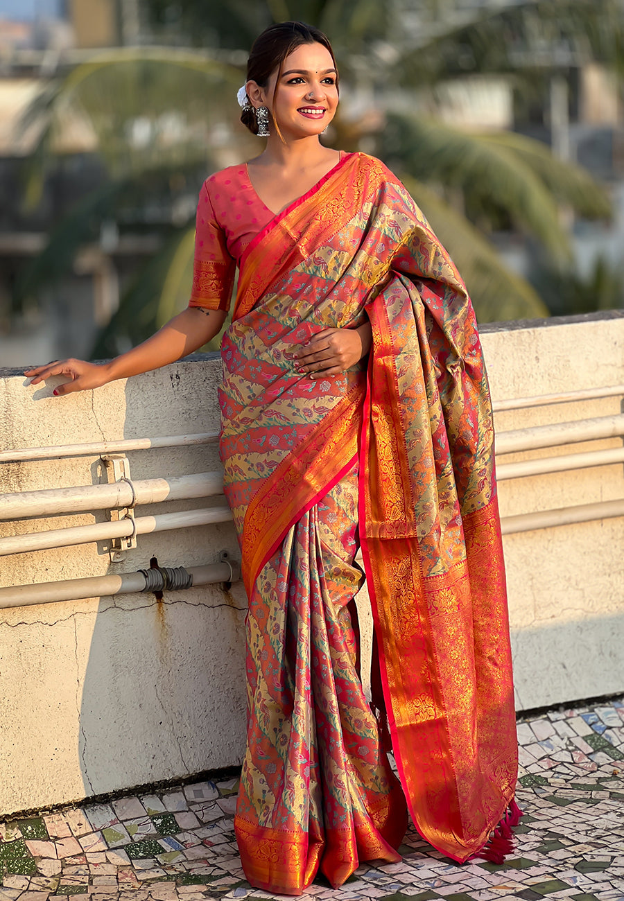Pink original dharmavaram leheriya silk zari woven saree