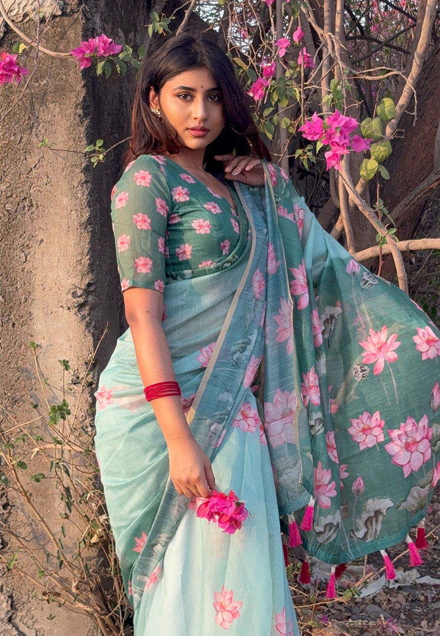 Monika in our sea green chanderi cotton pichwai printed saree with zari woven border
