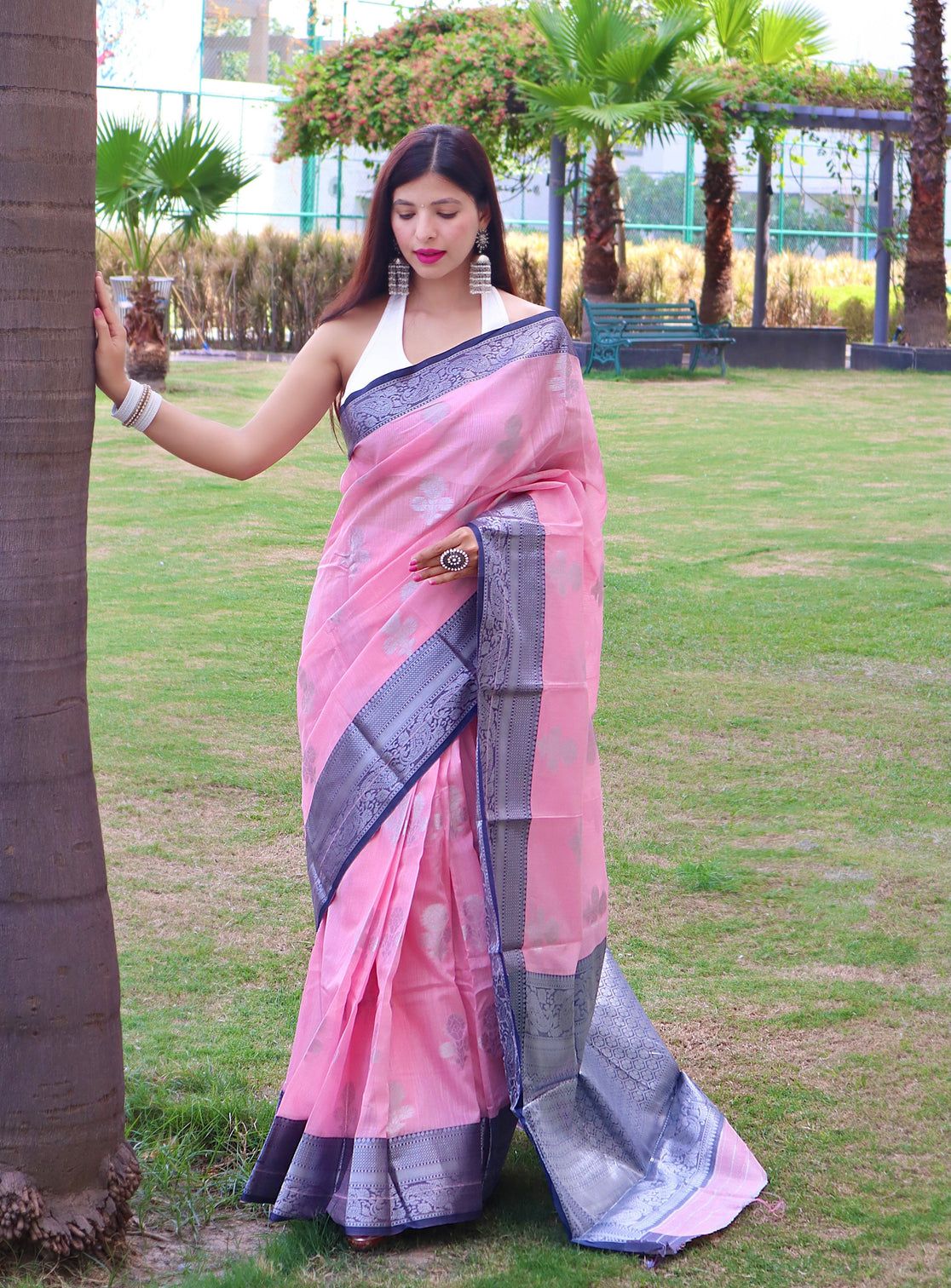 Powder Pink Saree in Linen