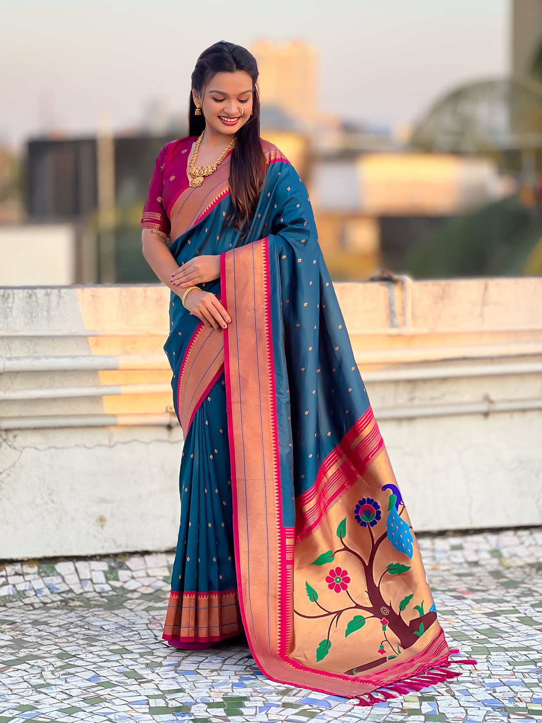 Denim soft silk paithani zari woven saree