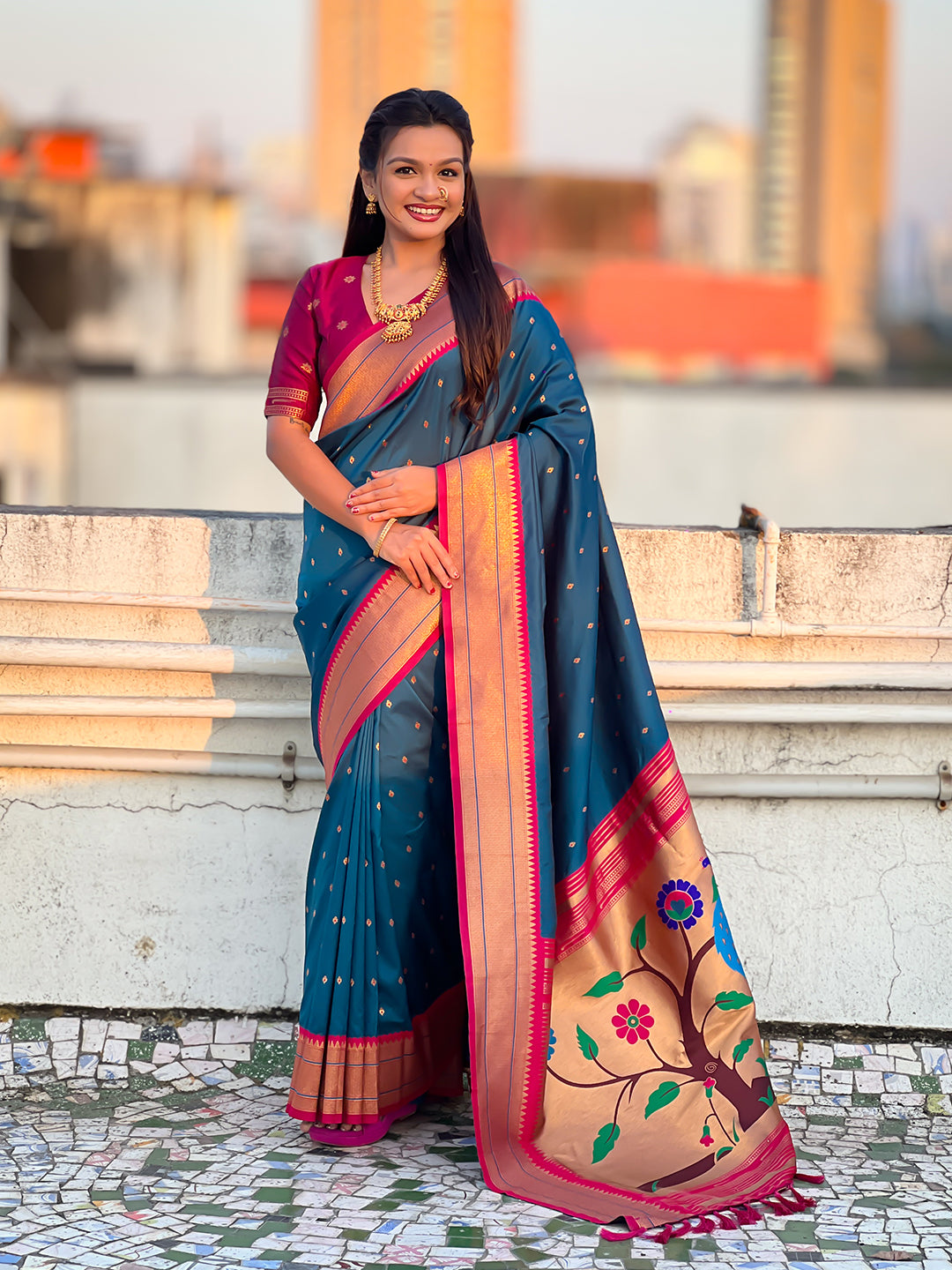 Denim soft silk paithani zari woven saree