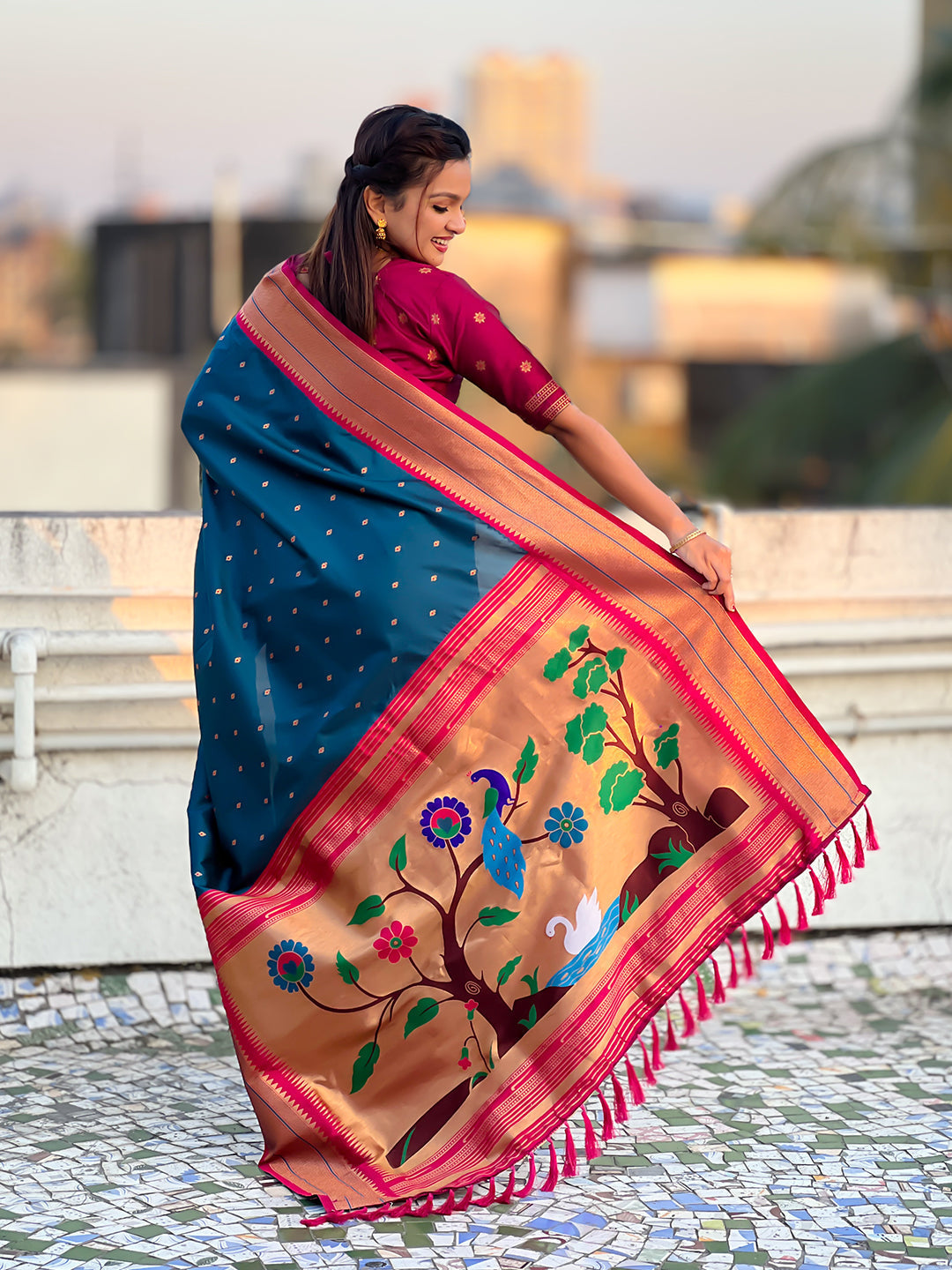 Denim soft silk paithani zari woven saree