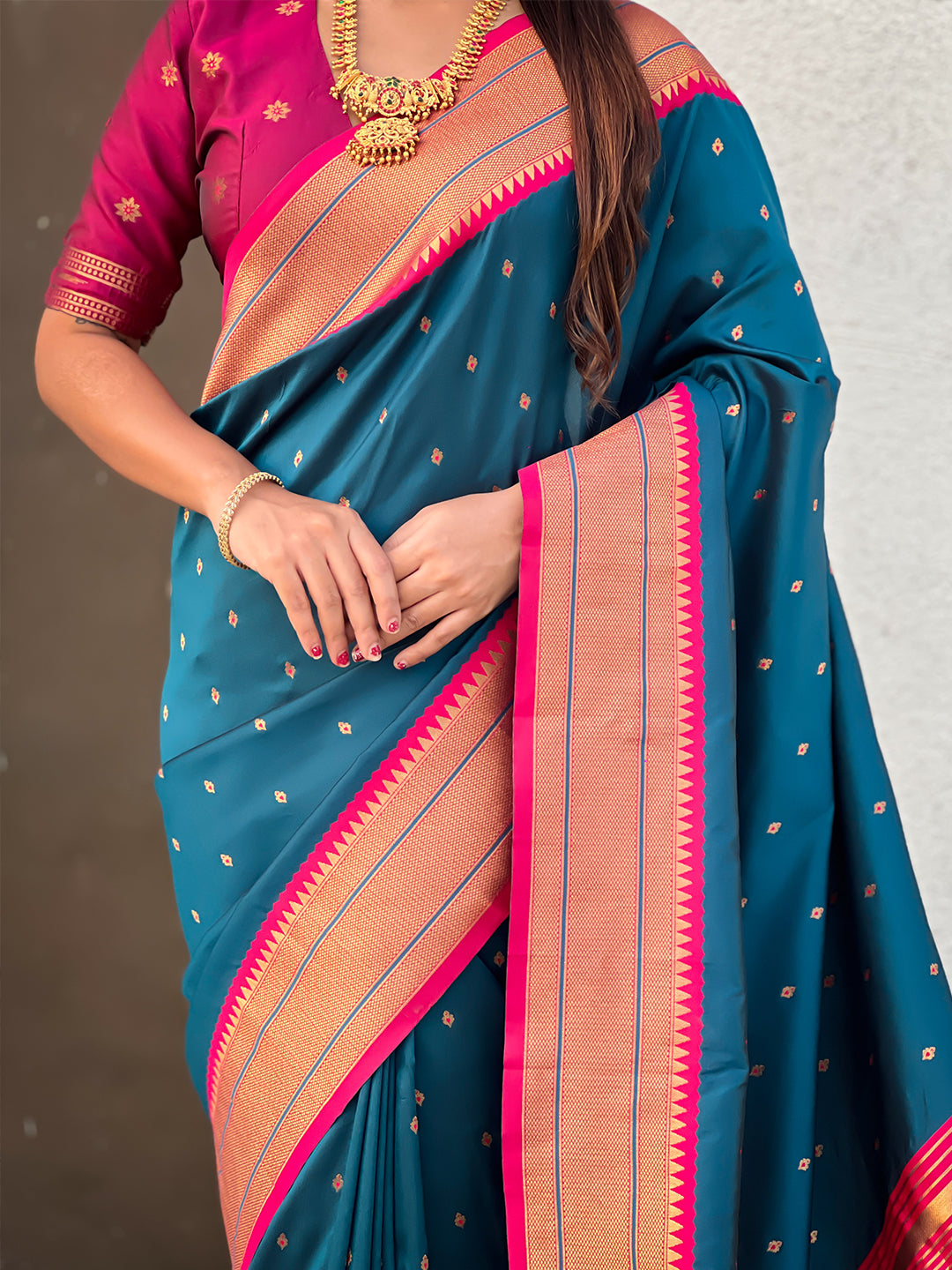 Denim soft silk paithani zari woven saree