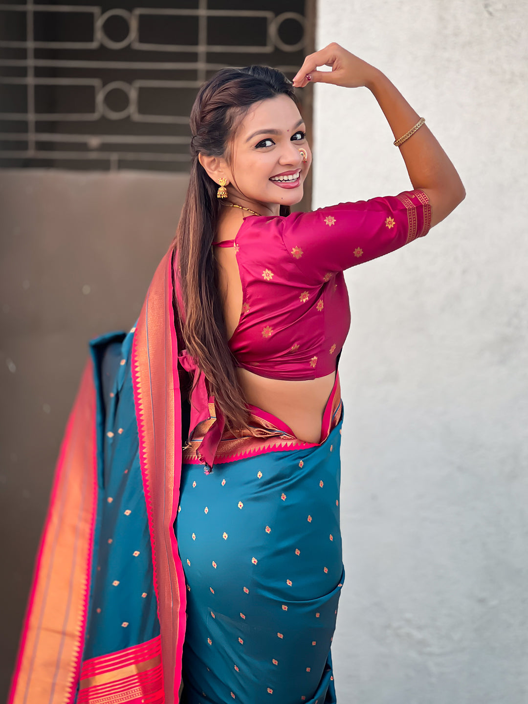 Denim soft silk paithani zari woven saree