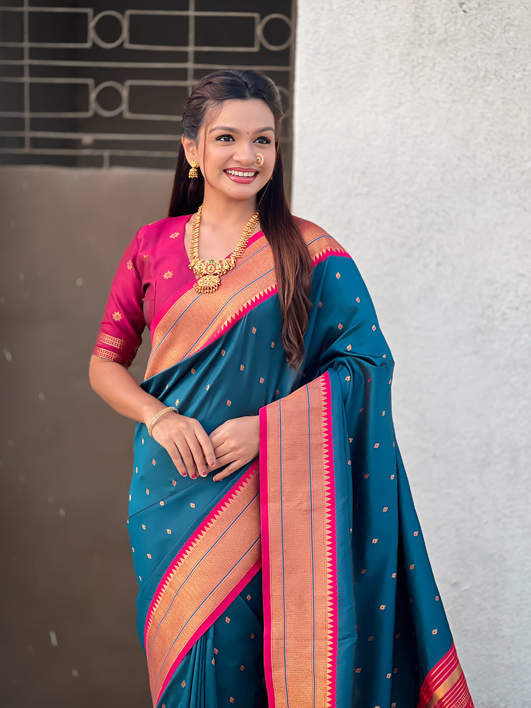 Denim soft silk paithani zari woven saree