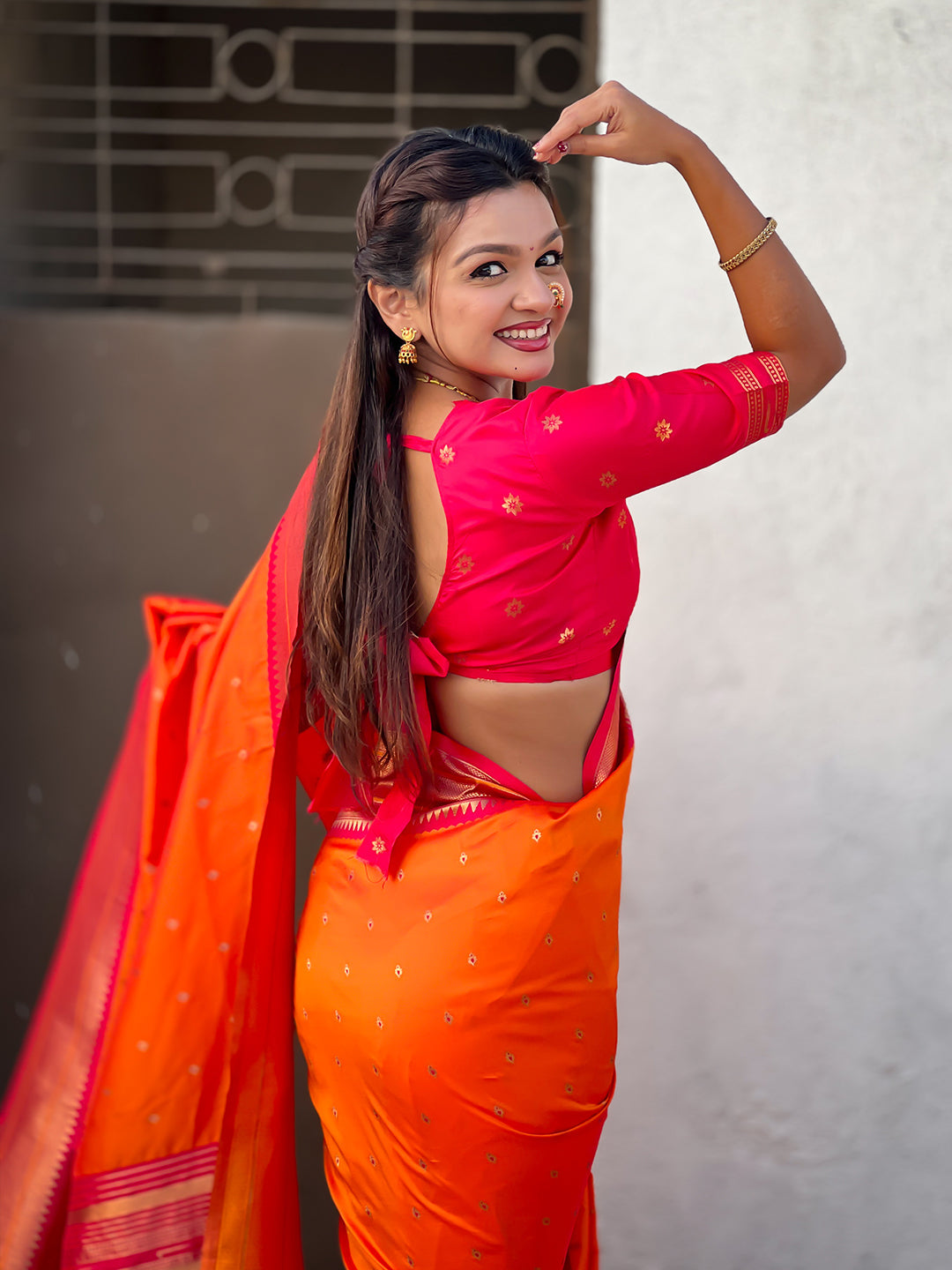Orange soft silk paithani zari woven saree