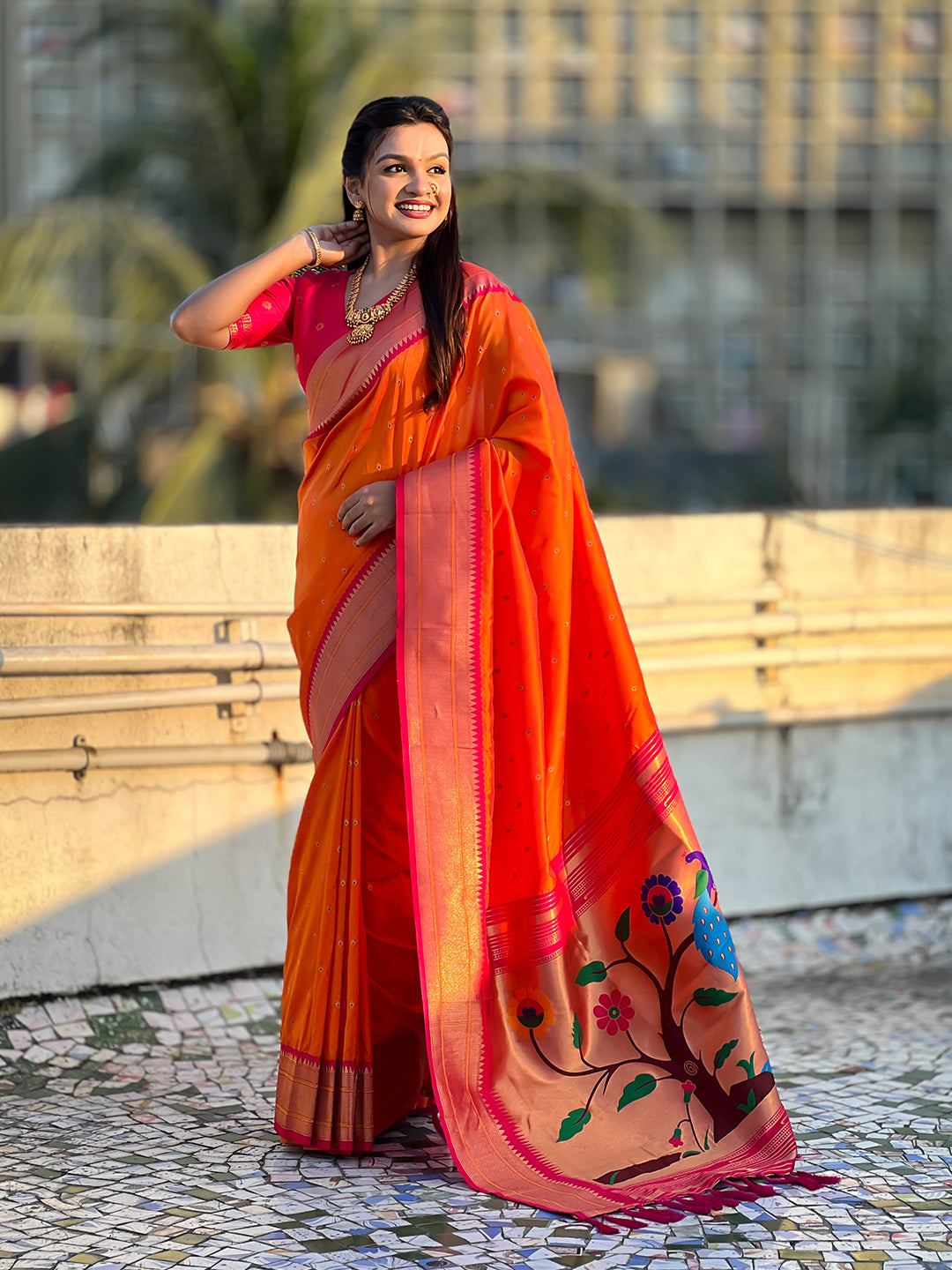Orange soft silk paithani zari woven saree