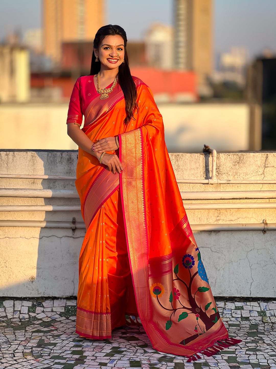 Orange soft silk paithani zari woven saree