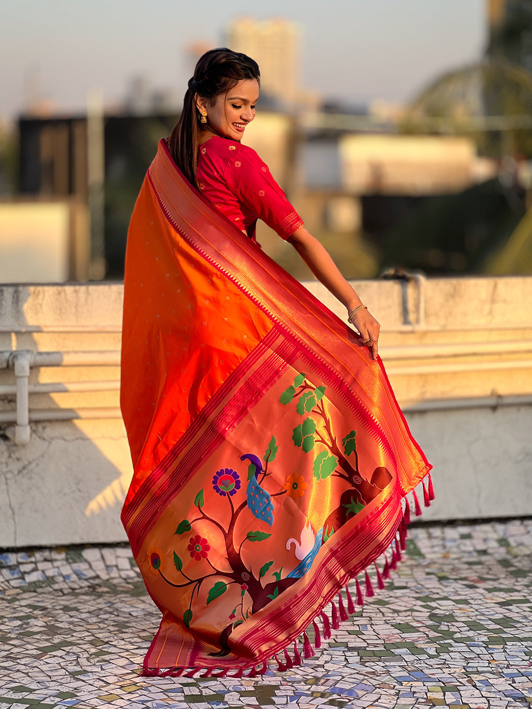 Orange soft silk paithani zari woven saree