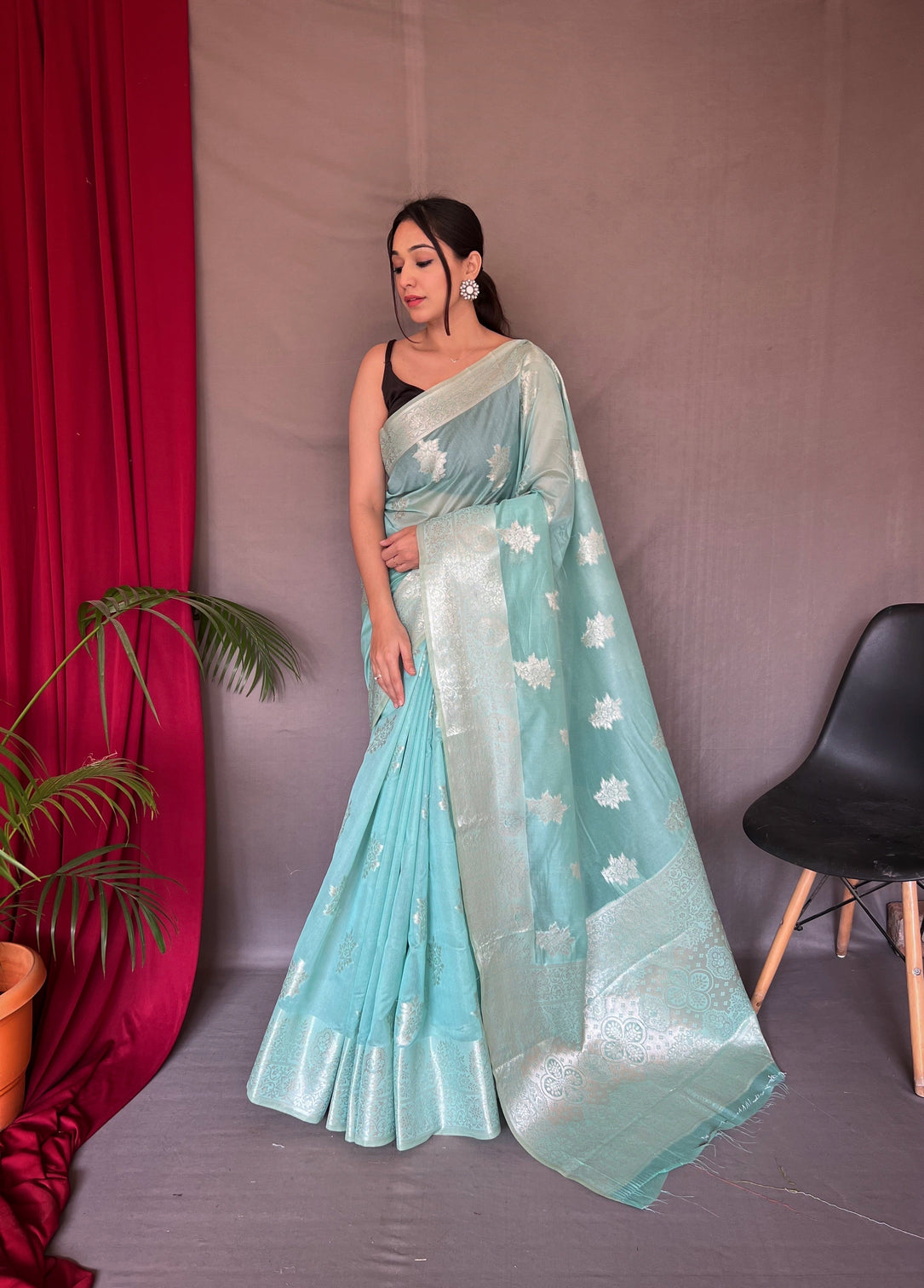 Sky Blue Saree in Cotton Rose Gold Woven
