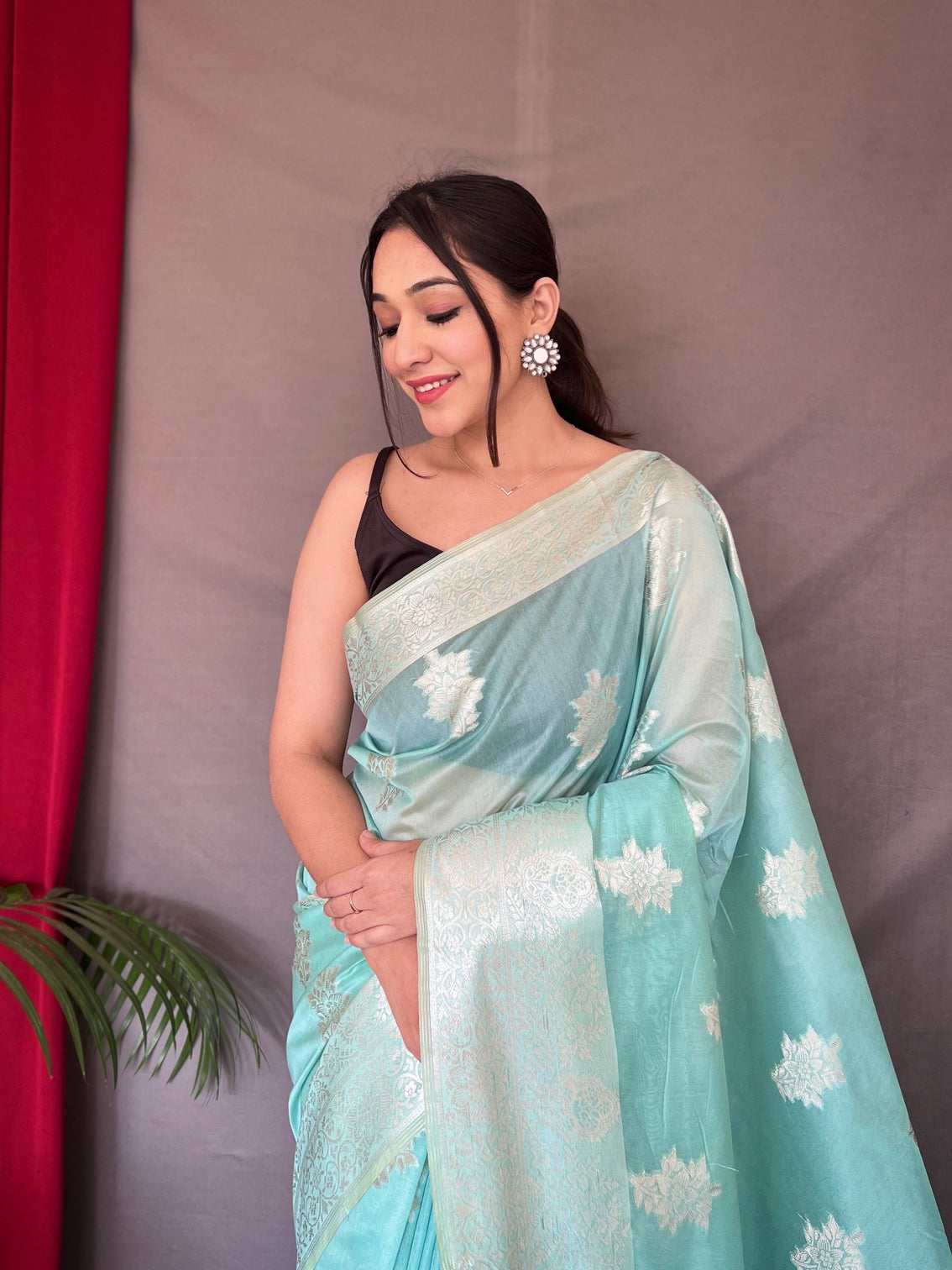 Sky Blue Saree in Cotton Rose Gold Woven