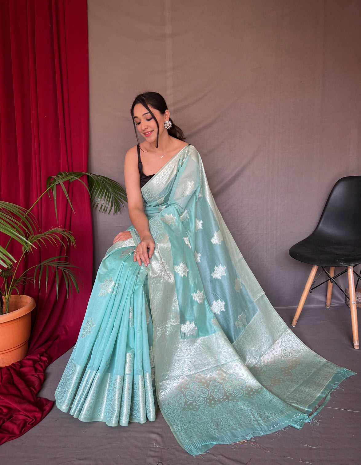 Sky Blue Saree in Cotton Rose Gold Woven