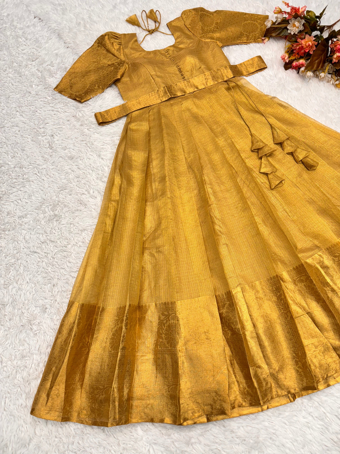 Golden tissue silk gown for women elegant full length party wear dress