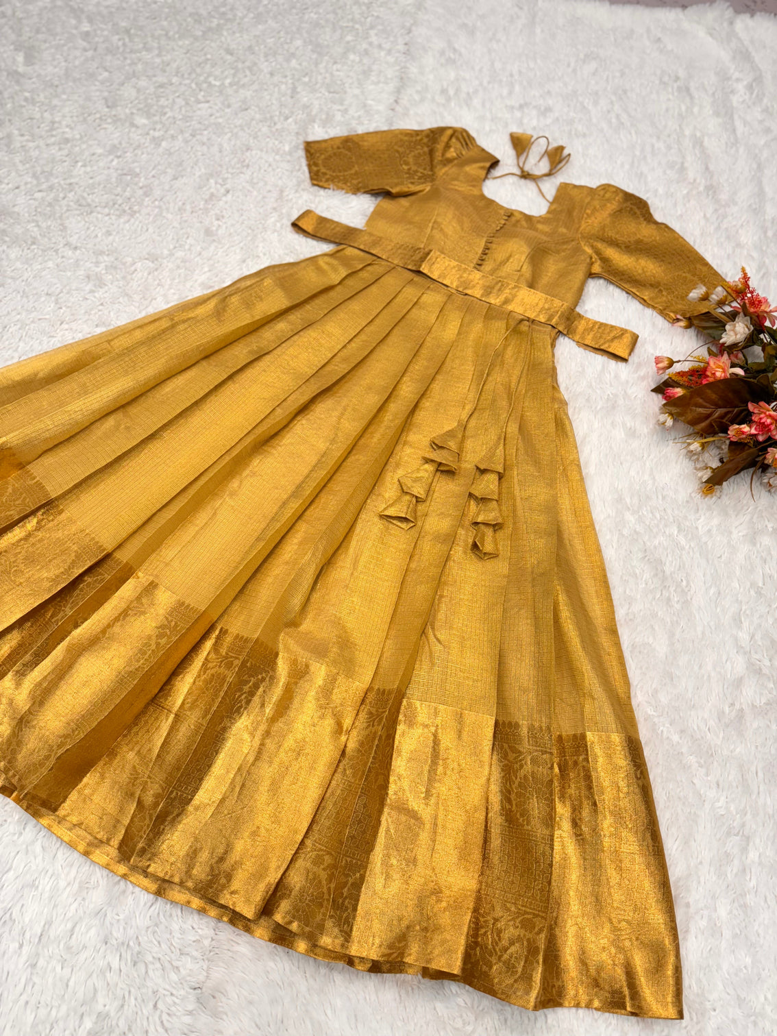 Golden tissue silk gown for women elegant full length party wear dress