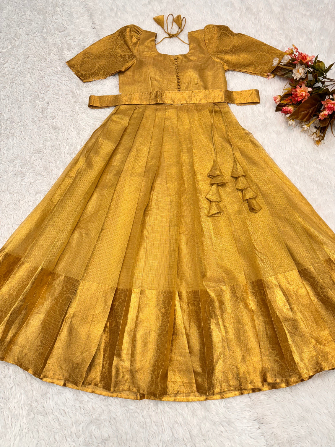 Golden tissue silk gown for women elegant full length party wear dress