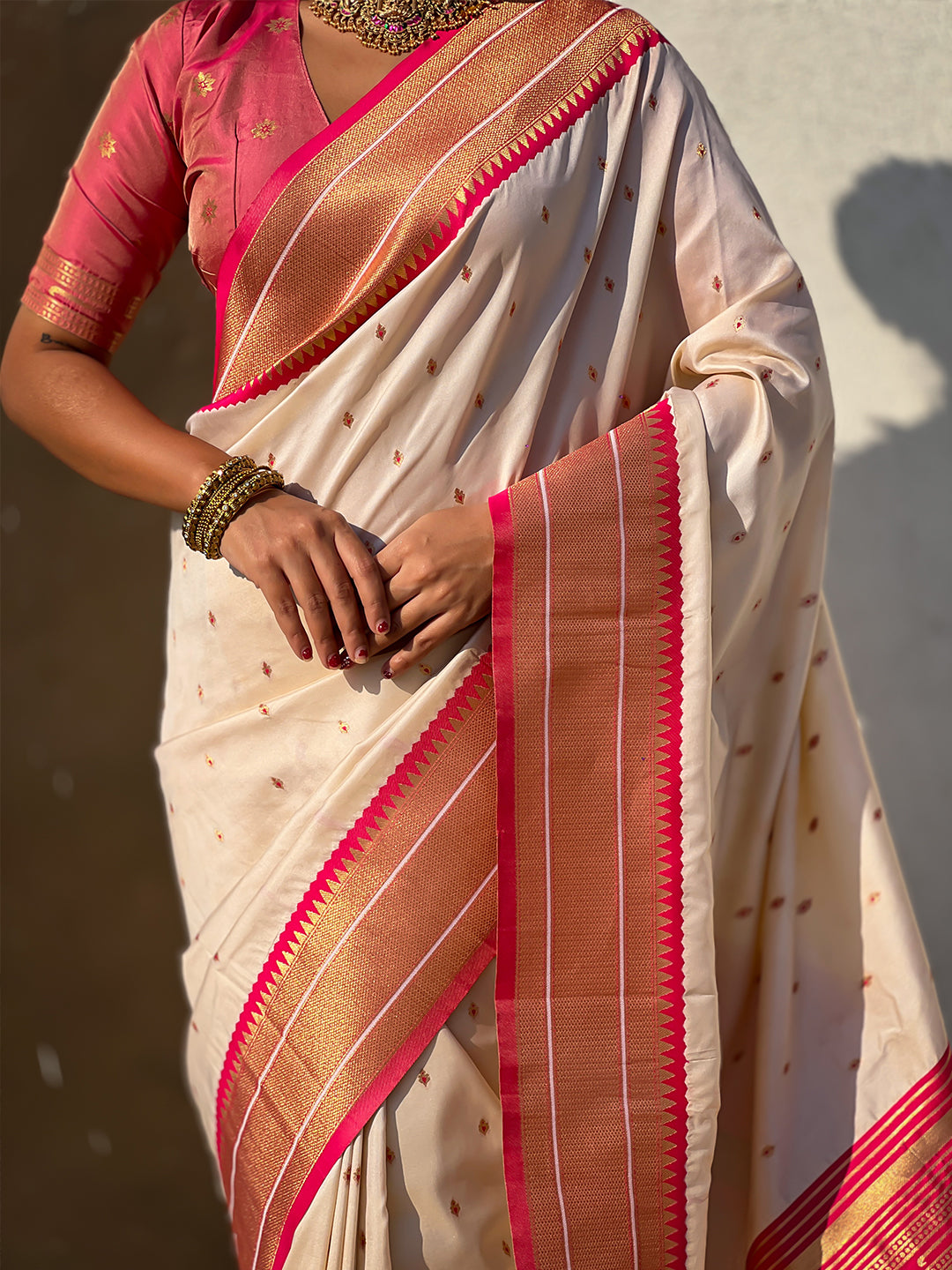 Cream soft silk paithani zari woven saree